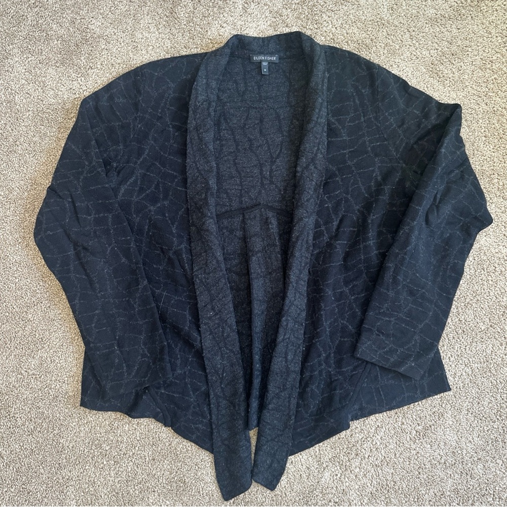 Eileen Fisher Marbled Black Textured Open Asymmetrical Cozy Cardigan